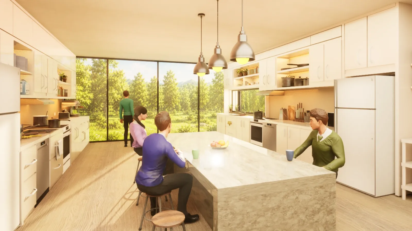 Four students talking in a sunlit kitchen in Pebble Academy